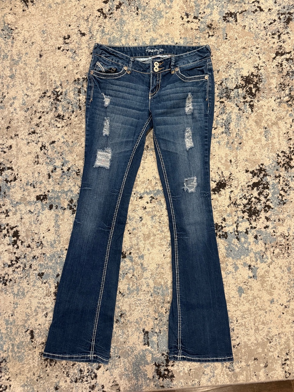 Amethyst Jeans Dark Blue Flare Jeans with Distressed Details